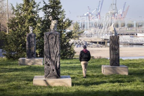 Public Art Fund Presents Four Monumental Bronze Sculptures by Huma Bhabha at Brooklyn Bridge Park